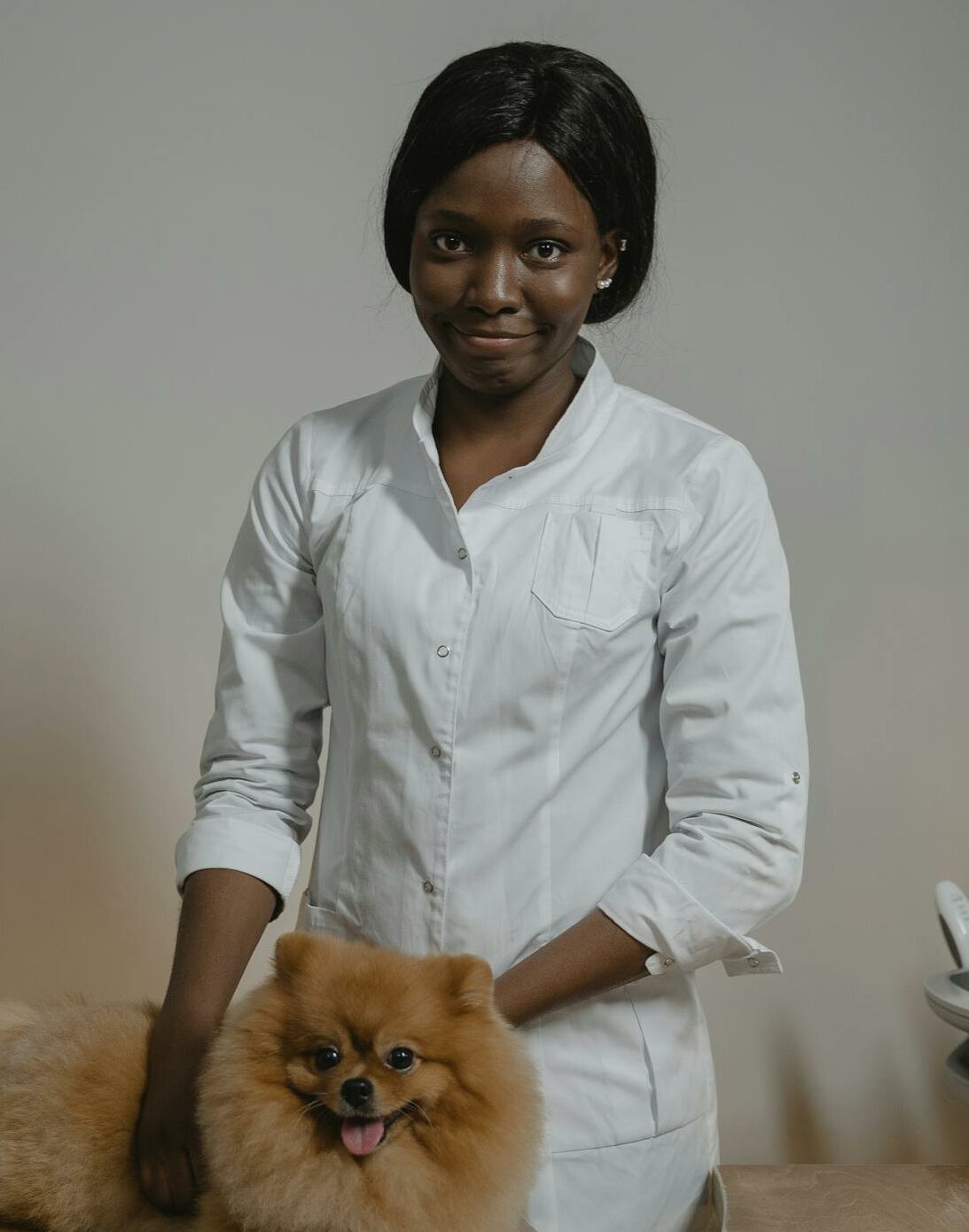 Smiling vet in clinic with fluffy Pomeranian dog on table.