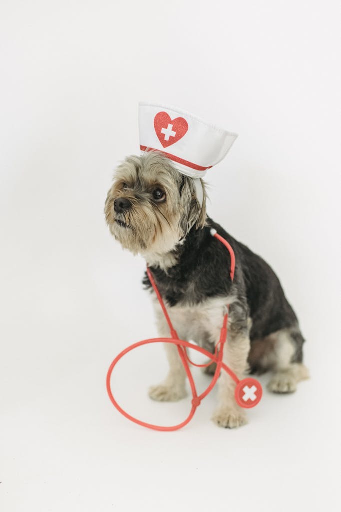 Yorkshire Terrier in nurse costume with stethoscope on white background, perfect for medical-themed stock imagery.